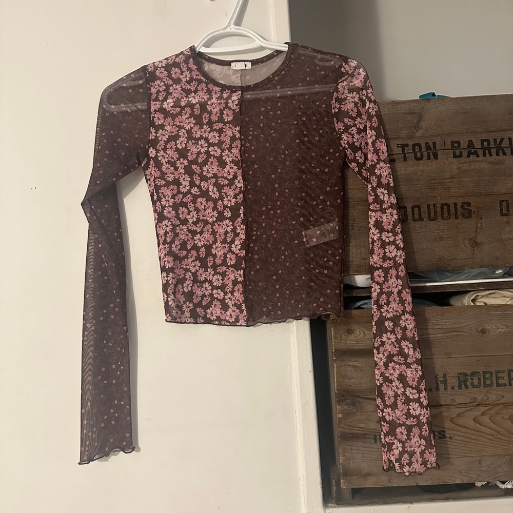 Floral Mesh Long Sleeve Patchwork Cropped Top Size Women’s Size Extra Small